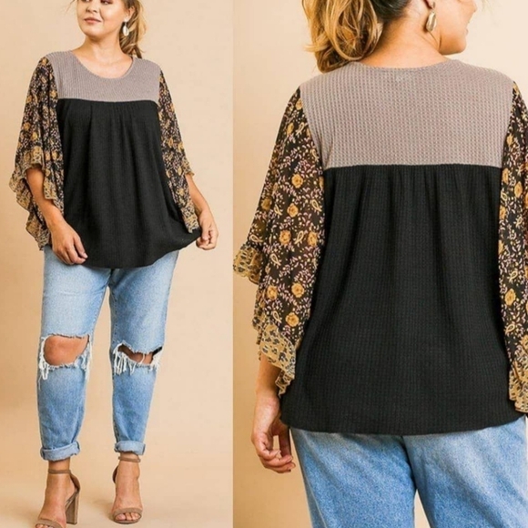 Umgee waffle knit sheard ruffle boho blouse - Picture 1 of 4